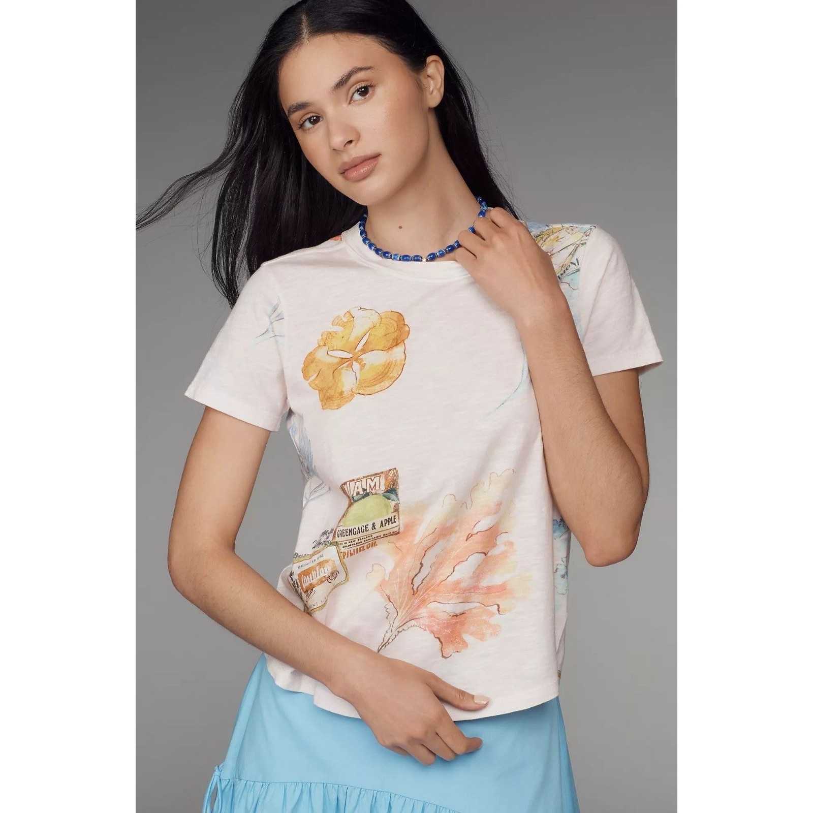 Pilcro Anthropologie The Bennie Cotton-Slub Crew-Neck T-Shirt Printed Xs 287604